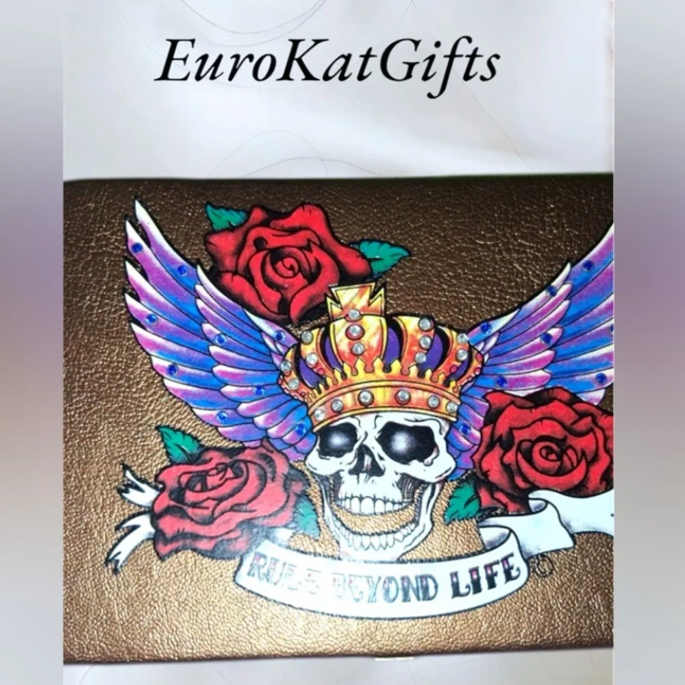 NEW Brown Skull and Roses Women's hinged Wallet case with clasp NWOT